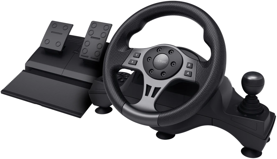 „Trust GXT 289 Movi Juodas“ USB vairas + pedalai, skirti „Nintendo Switch“, „PlayStation 4“, „XBOX One S“, „XBOX One X“, „XBOX Series S“, „XBOX Series X“