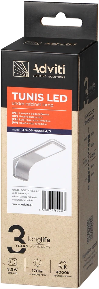 TUNIS po spintele montuojamas šviestuvas 3,5 W, 170 lm, 4000 K, pilkas