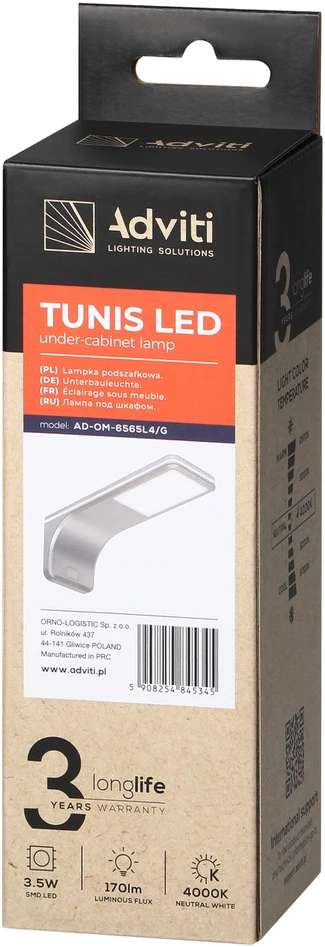 Orno TUNIS po spintele montuojamas šviestuvas 3,5 W, 170 lm, 4000 K, su jutikliniu pritemdymu, pilkas