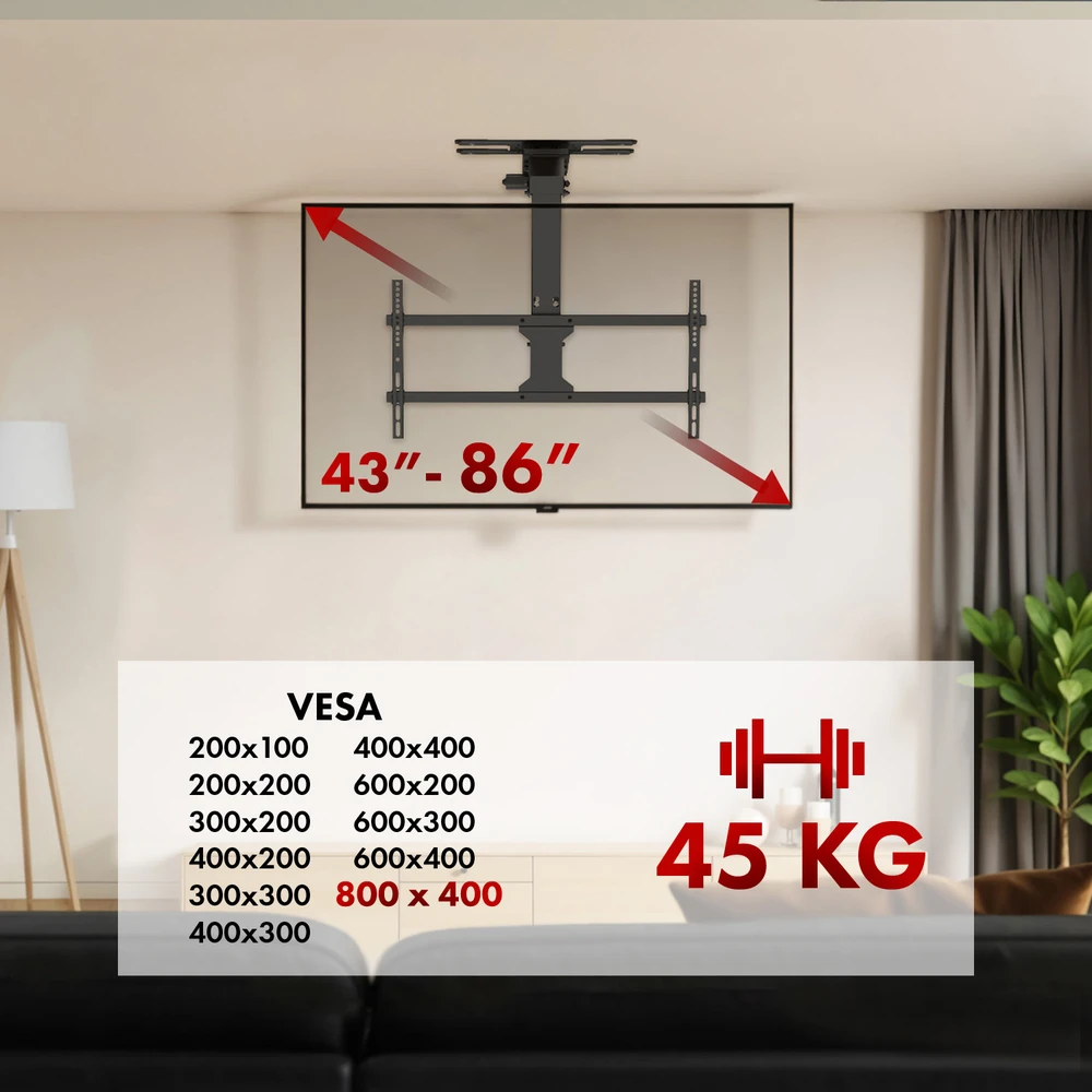 „Maclean“ elektrinis televizoriaus laikiklis, lubinis, „Tuya“ laikiklis, maks. VESA 800x400, įprasta padėtis +90°~-90°, televizoriams 43-86", maks. 45 kg, MC-109 T