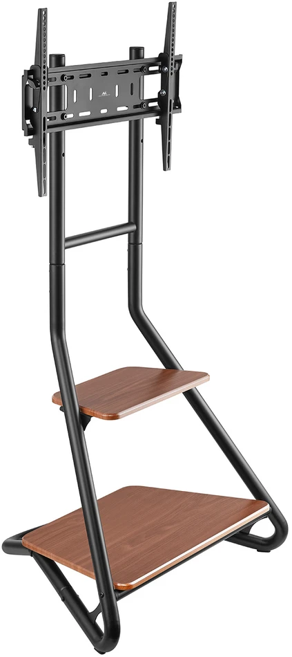 Maclean MC-455 laisvai pastatomas kampinis televizoriaus stovas Bauhaus stiliaus, laisvai pastatomas televizoriaus laikiklis su dviem lygiais, pagamintas iš medžio, keliamoji galia iki 10 kg, televizoriaus laikiklis iki 40 kg, 37-75'', maks. VESA 600x400, maks. Aukštis 1460 mm