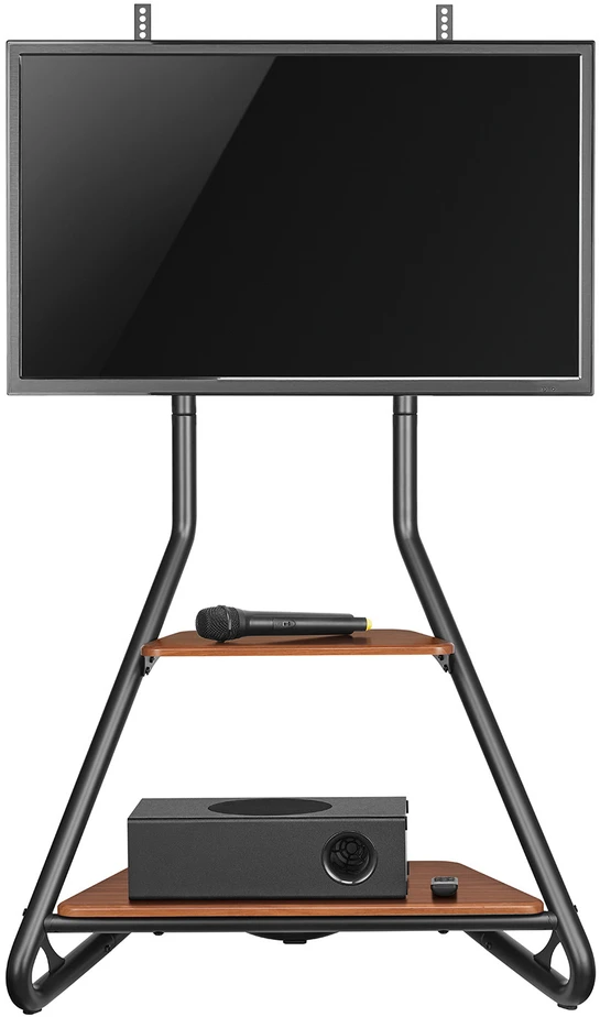 Maclean MC-455 laisvai pastatomas kampinis televizoriaus stovas Bauhaus stiliaus, laisvai pastatomas televizoriaus laikiklis su dviem lygiais, pagamintas iš medžio, keliamoji galia iki 10 kg, televizoriaus laikiklis iki 40 kg, 37-75'', maks. VESA 600x400, maks. Aukštis 1460 mm