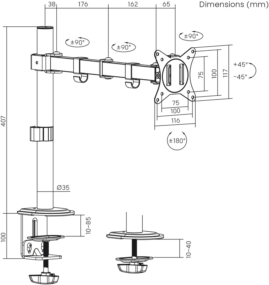 Maclean MC-753N LCD monitorius stalinis laikiklis 17-32" 9kg VESA 75x75 100x100 Vienos rankos ištiesiamas reguliuojamas