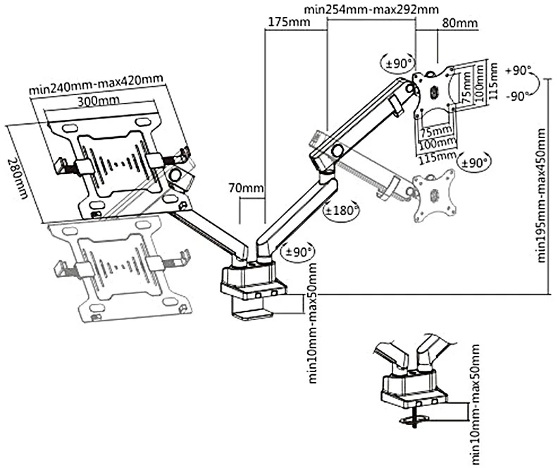 Uchwyt „Maclean“ monitoriaus ir nešiojamojo kompiuterio laikiklis/pakabukas, dvigubas stalas, VESA 75x75 100x100, 17"-32", 2x8kg, MC-813