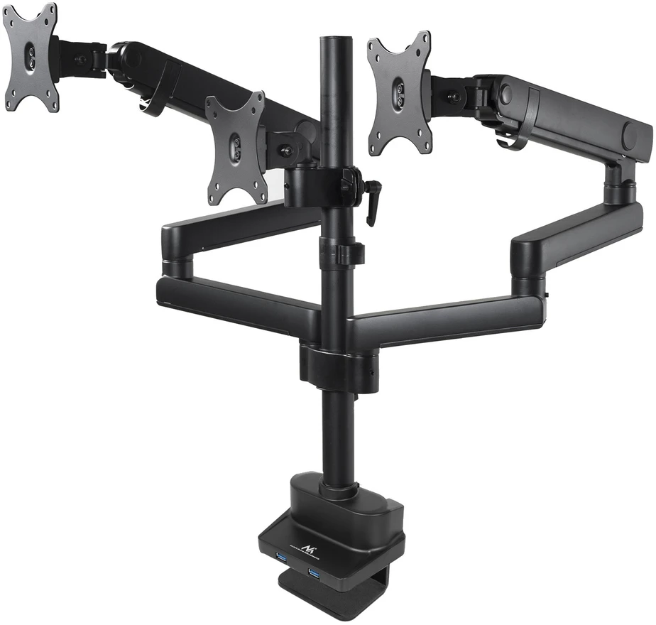 Uchwyt „Maclean“ stalo laikiklis 3 LCD monitoriams, VESA 75x75 ir 100x100, 2x USB 3.0, 17–27", 3x7 kg, MC-811