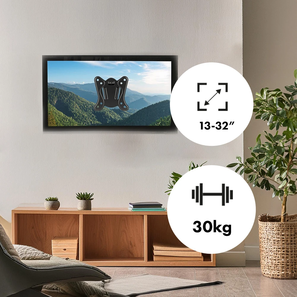 Maclean MC-416 TV Monitorius sieninis laikiklis 13"-32" 30kg Pakreipti Pasukti maks. VESA 100x100 Juodas milteliniu būdu padengtas LED OLED LCD universalus laikiklis