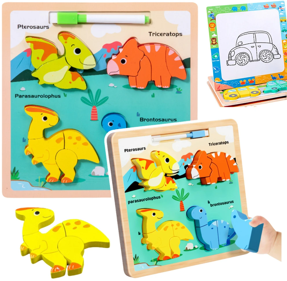 Lean Toys Medinė edukacinė dėlionė su dinozaurais ir piešimo lenta
