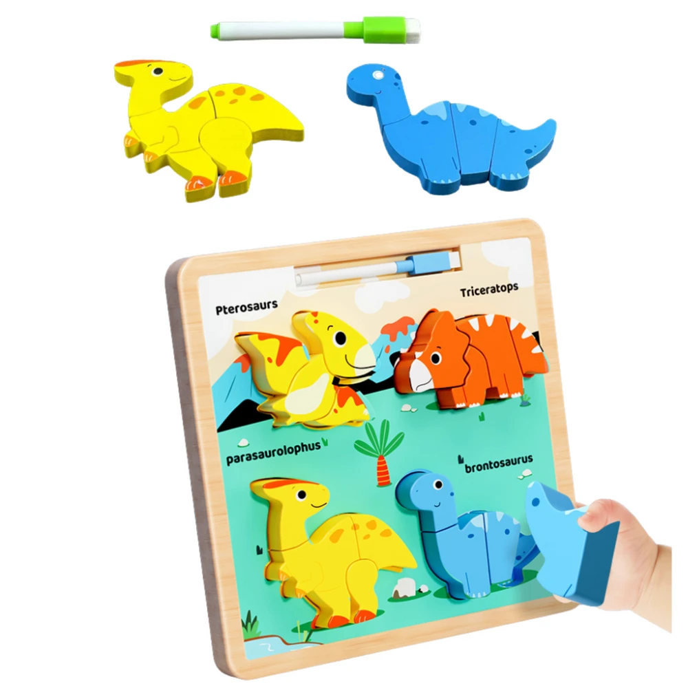 Lean Toys Medinė edukacinė dėlionė su dinozaurais ir piešimo lenta