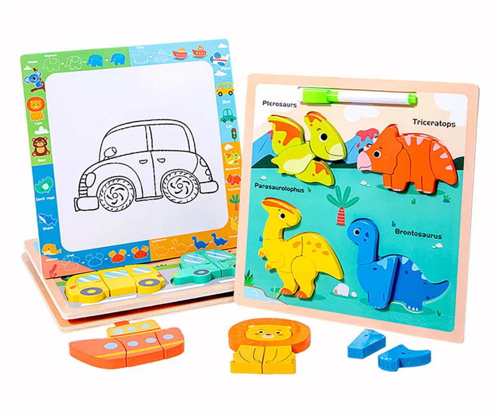 Lean Toys Medinė edukacinė dėlionė su dinozaurais ir piešimo lenta