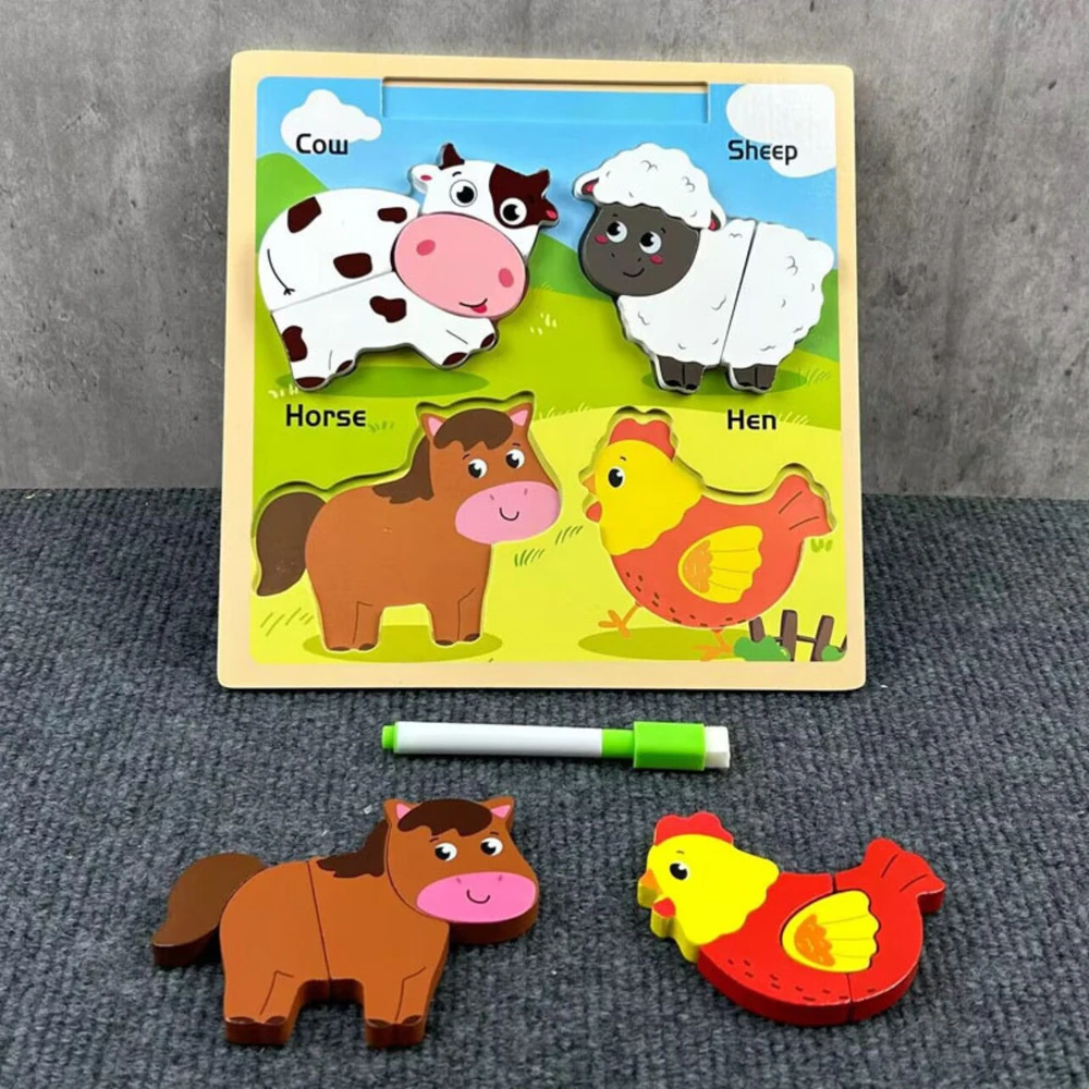 Lean Toys Medinis edukacinis dėlionės stovas su gyvūnais ir piešimo lenta