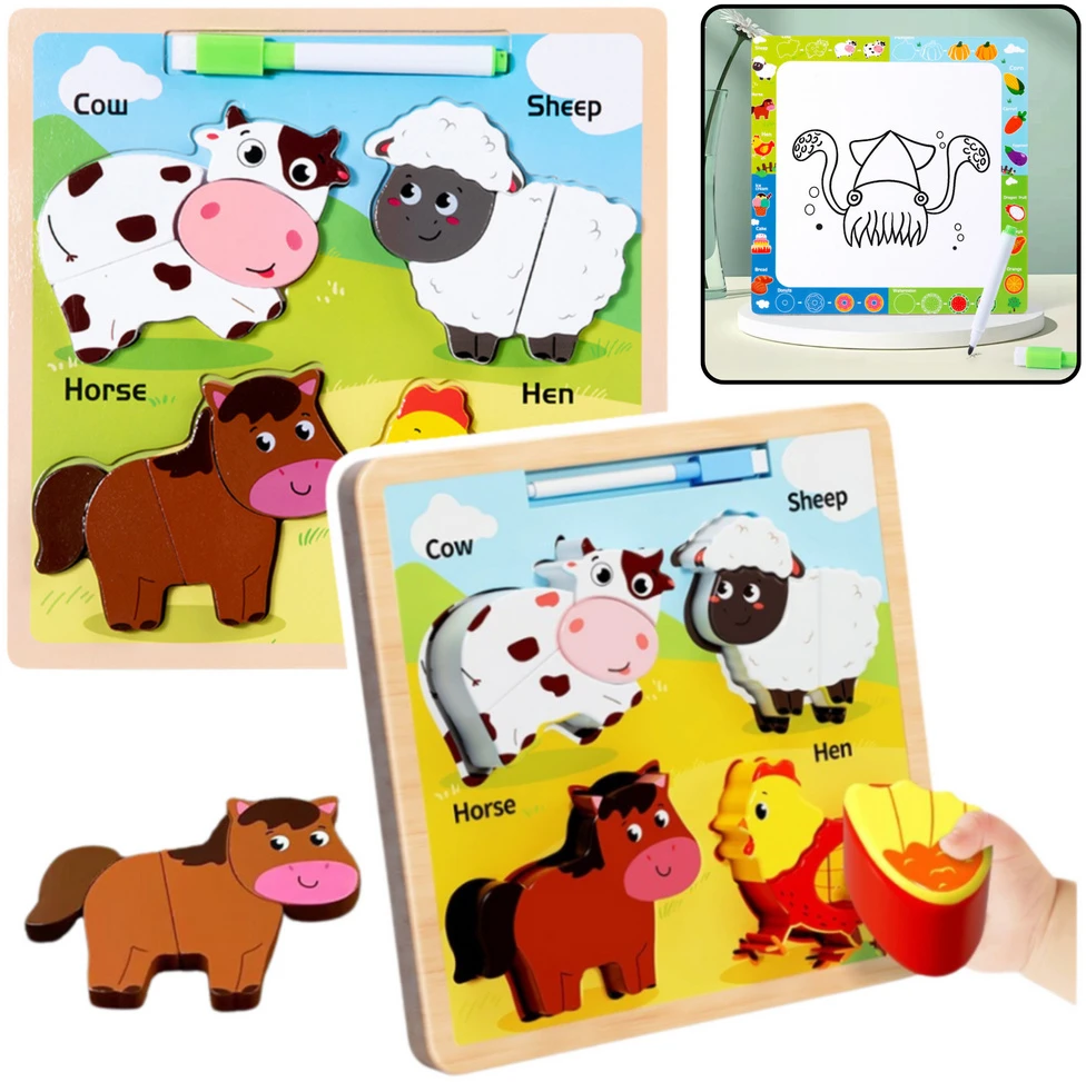 Lean Toys Medinis edukacinis dėlionės stovas su gyvūnais ir piešimo lenta