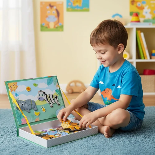 Iso Trade Montessori magnetinė dėlionė vaikams - Afrikos gyvūnai, 47 magnetai, 6 kortelės