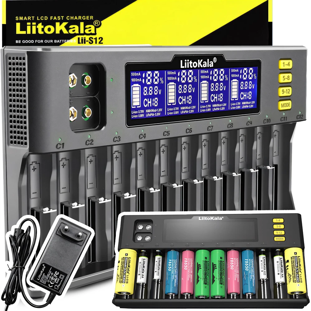 Uniwersalna Universali Universalus AA AAA baterijų įkroviklis, 12 kanalų, LCD ekranas - ER1156