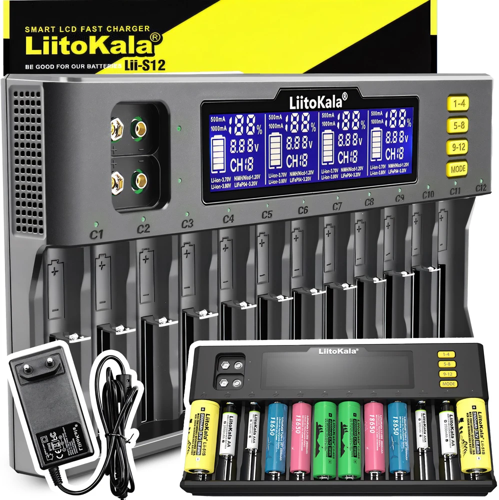Uniwersalna Universali Universalus AA AAA baterijų įkroviklis, 12 kanalų, LCD ekranas - ER1156