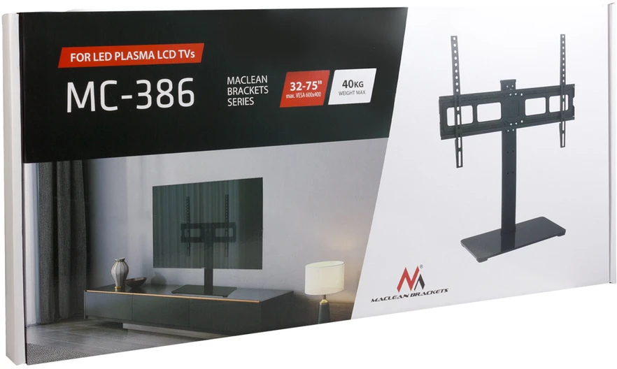 Laikiklis Maclean universalus TV stovas RTV spintelės stovui max 40kg max VESA 600x400 skirtas 32-75" televizoriui MC-386