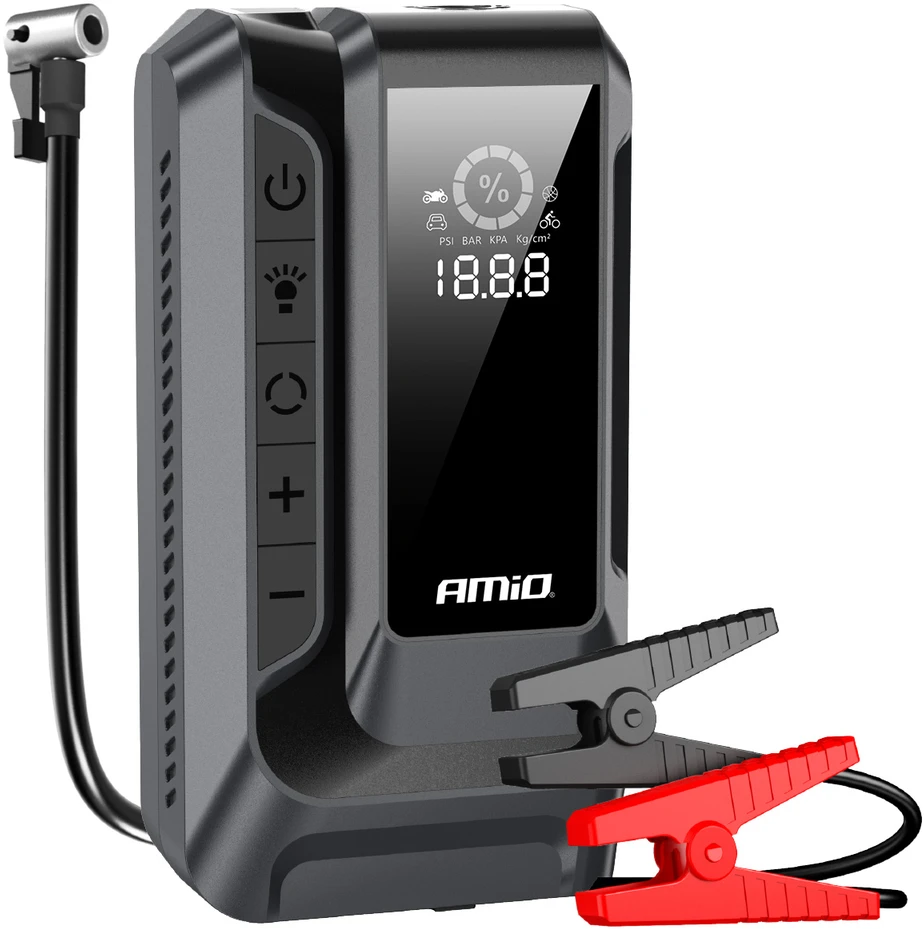 4in1 automobilinis užvedimo įrenginys (booster) su kompresoriumi, LED žibintuvėliu ir Powerbank 12V 12Ah 1600A AMIO-04677