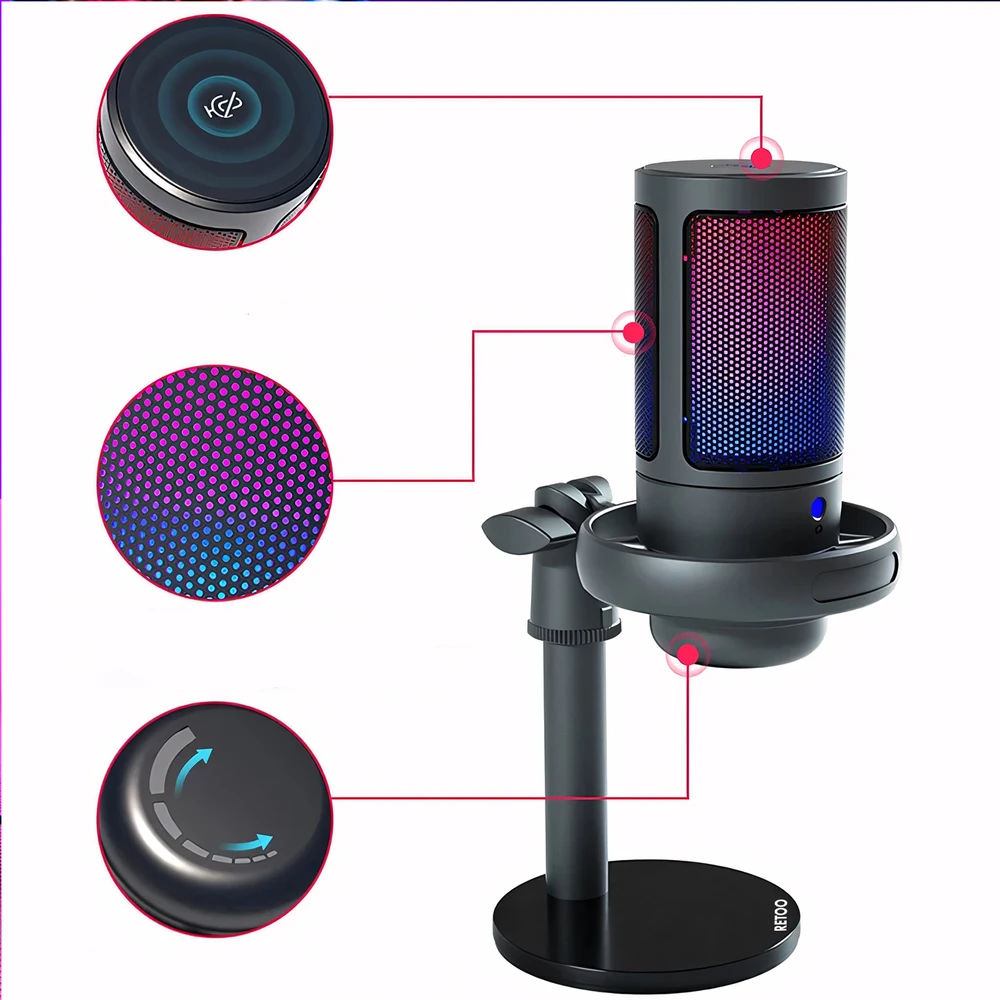 USB žaidimų mikrofonas kompiuteriui su pop filtru ir nutildymo funkcija.