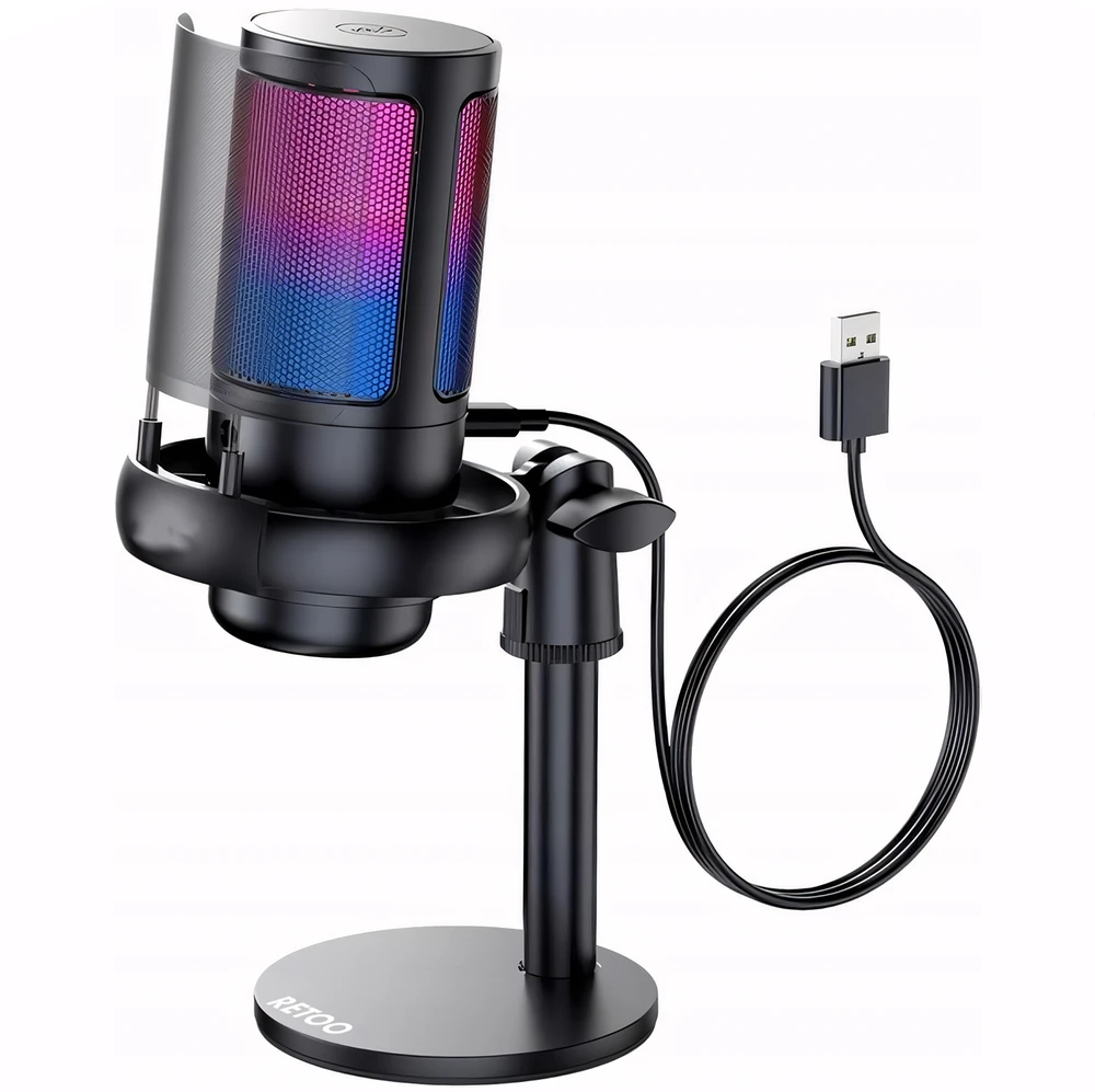 USB žaidimų mikrofonas kompiuteriui su pop filtru ir nutildymo funkcija.