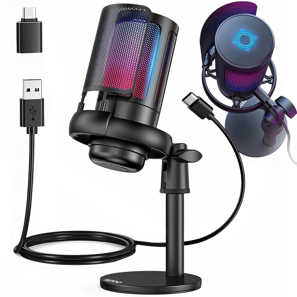 USB žaidimų mikrofonas kompiuteriui su pop filtru ir nutildymo funkcija.