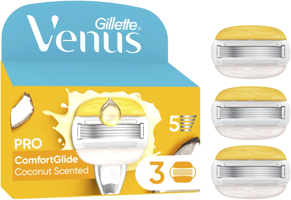 „Venus“ – „Pro ComfortGlide Coconut Olay“ skutimosi peiliukai – geltoni/balti – 3 vnt.