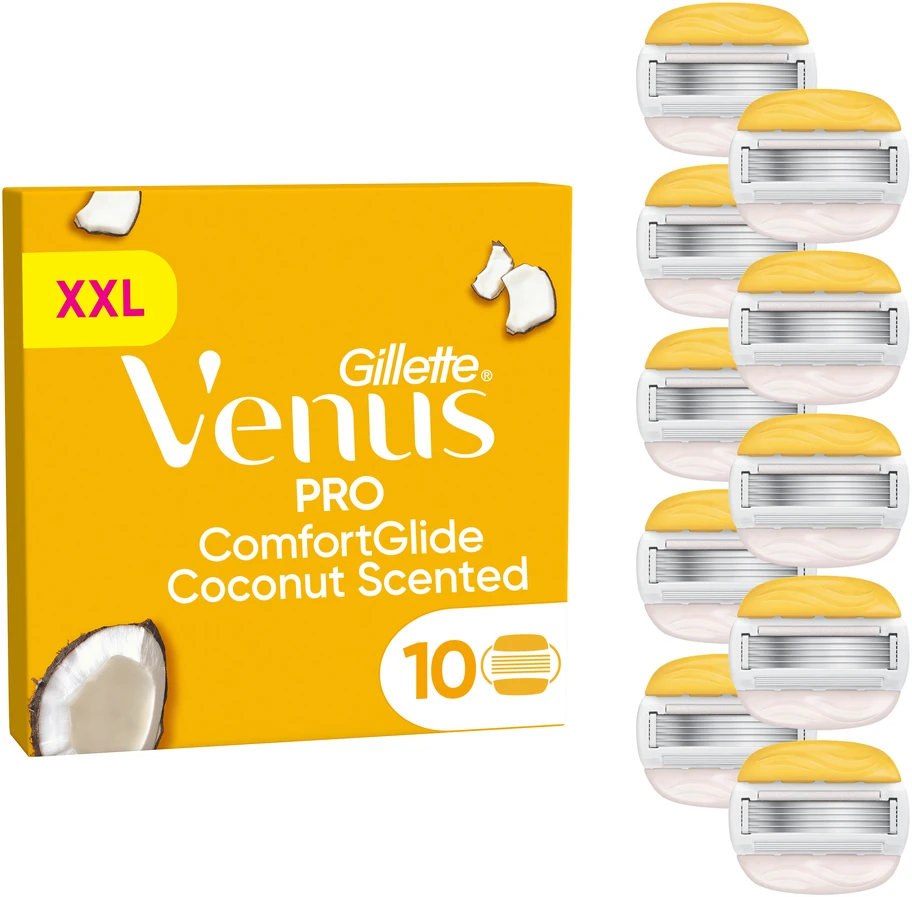 Venus Pro ComfortGlide kokoso ir Olay skustuvo peiliukai – geltoni/balti – 10 vnt.