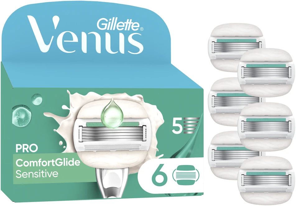 Venus Pro ComfortGlide Sensitive skustuvo peiliukai – žali/balti – 6 vnt.