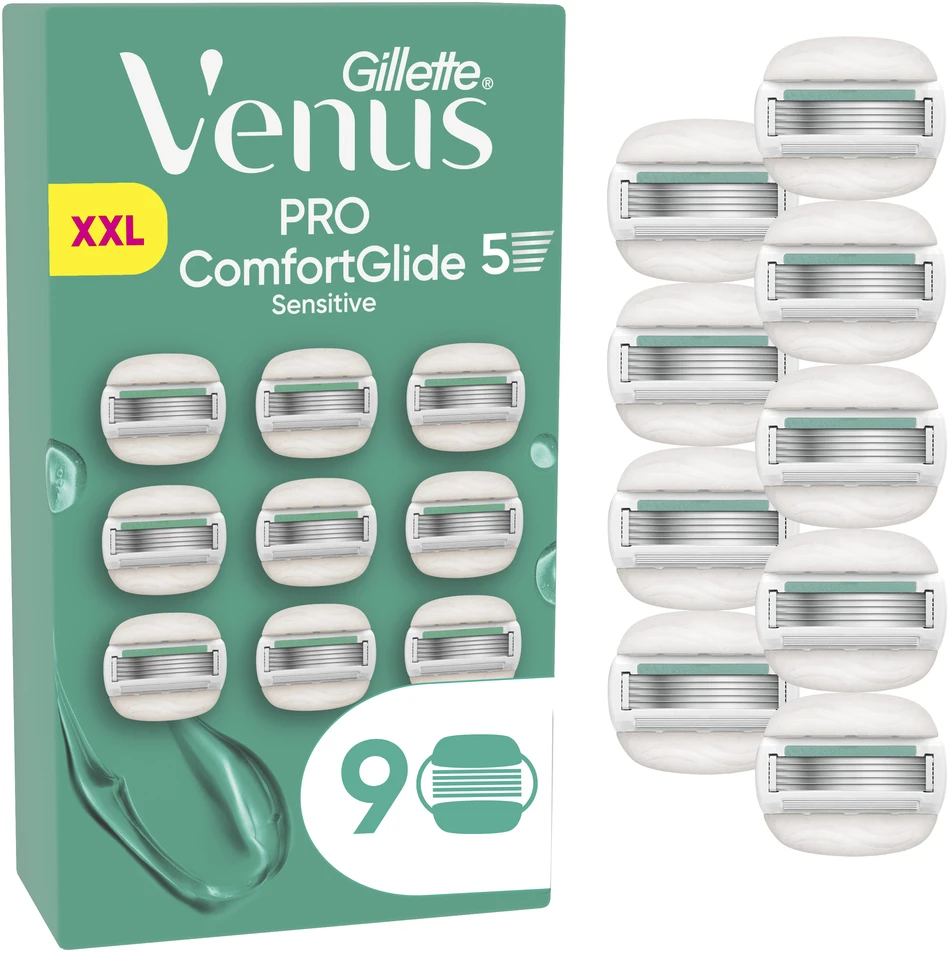 Venus Pro ComfortGlide Sensitive skustuvo peiliukai – žali/balti – 9 vnt.