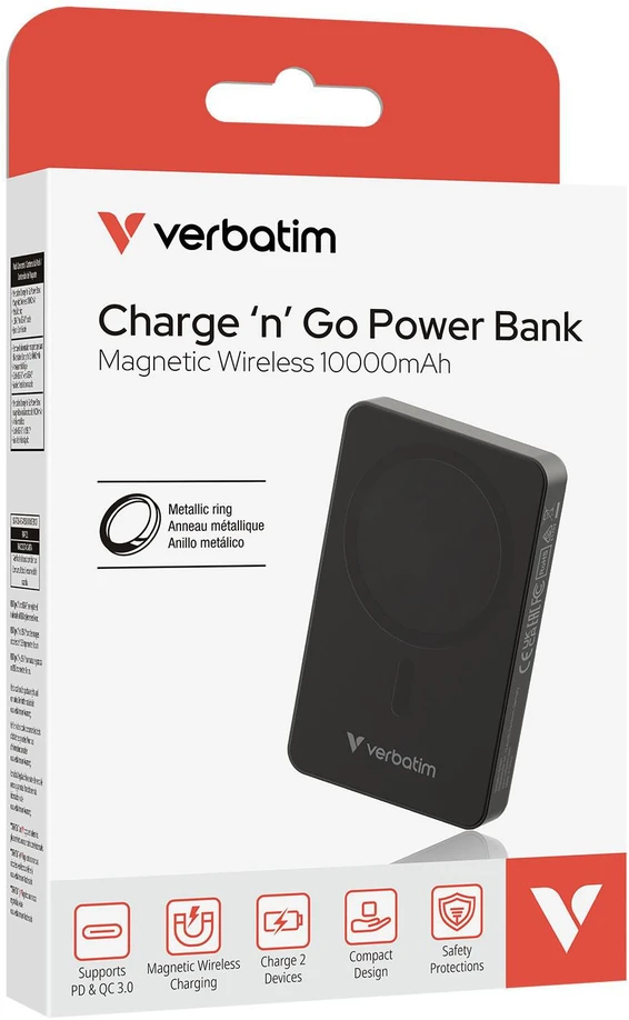 „Verbatim Charge 'n' Go Essentials“ magnetinė belaidė išorinė baterija, 10000 mAh, juoda
