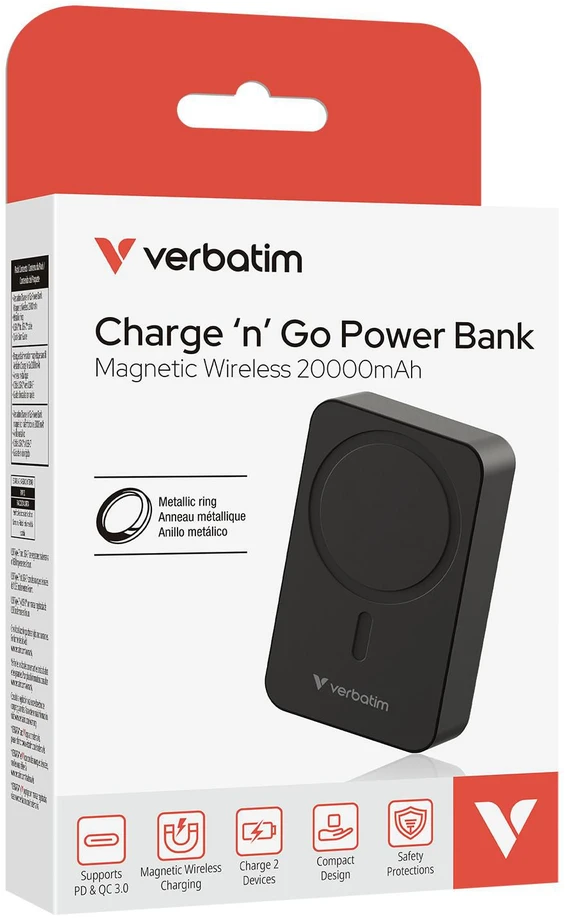 „Verbatim Charge ´n´ Go Essentials“ magnetinė belaidė išorinė baterija, 20000 mAh, juoda