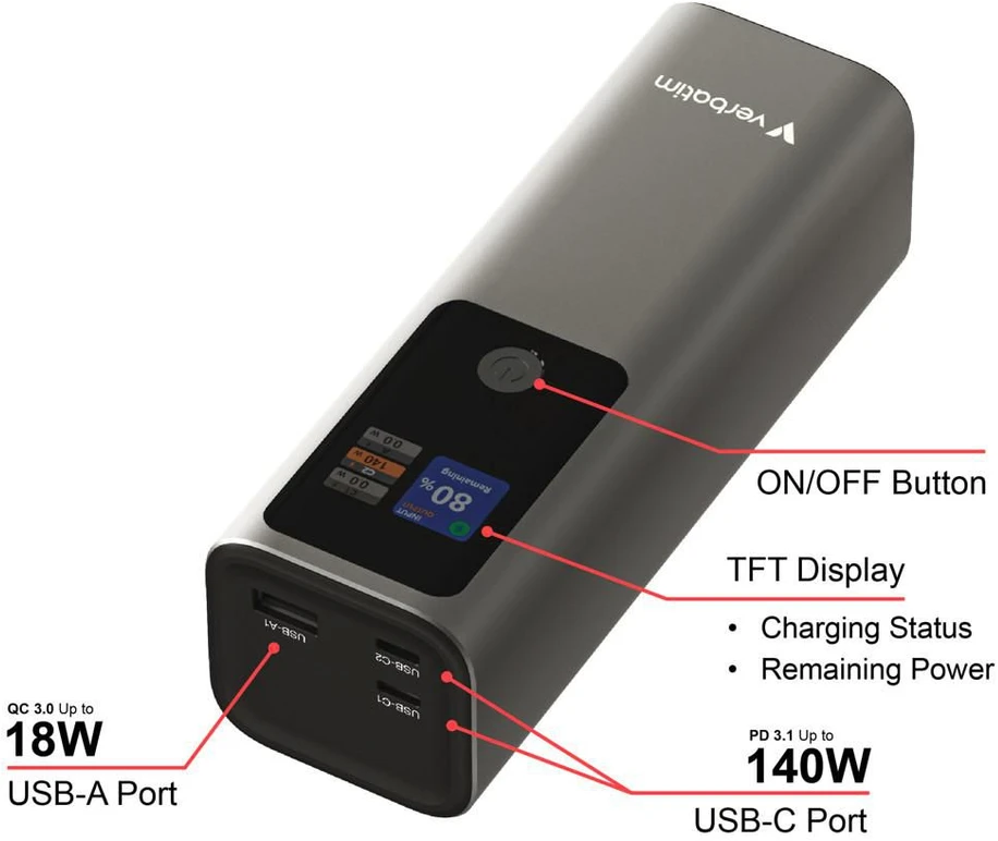 Verbatim Charge 'n' Go išorinė baterija, 27000mAh, 2× USB-C PD 3.1 140W + USB-A QC 3.0 18W, Pilkas