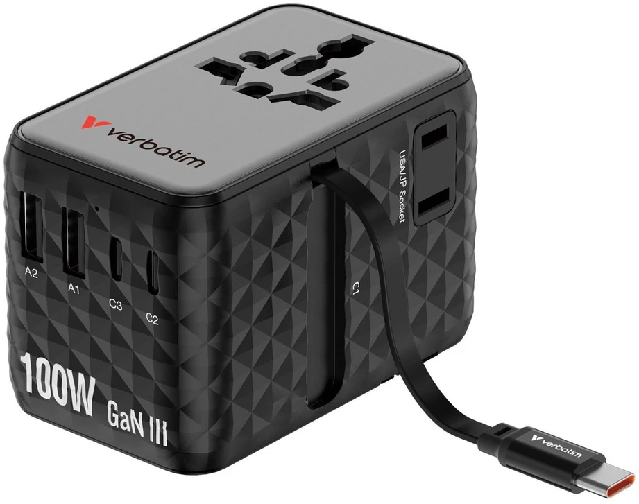 „Verbatim Charge 'n' Travel“ 100 W universalus kelioninis adapteris su ištraukiamu laidu, juodas