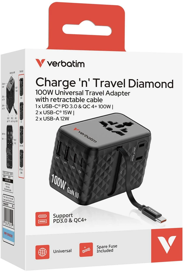 „Verbatim Charge 'n' Travel“ 100 W universalus kelioninis adapteris su ištraukiamu laidu, juodas
