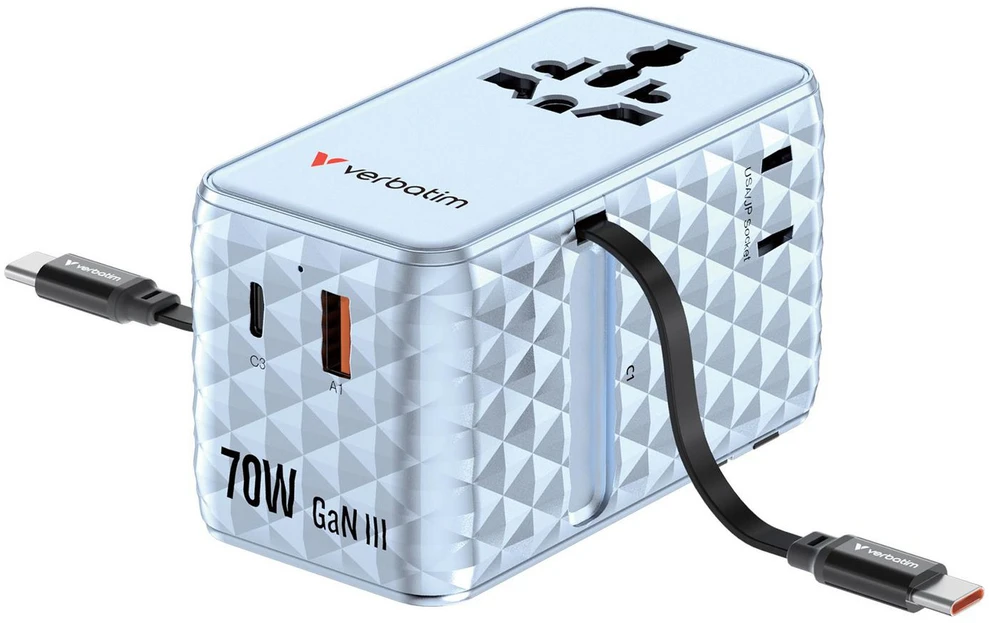 Verbatim kelioninis įkroviklis EU/UK/US GaN 1xUSB-C/1xUSB-A/2xUSB-C PD 70W mėlynos spalvos 30187