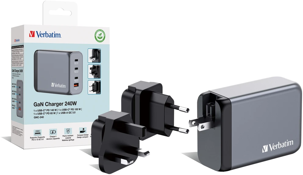 VERBATIM įkroviklis GNC-240 GaN su 4 prievadų 240 W USB oro kondicionieriumi ES / JK / JAV