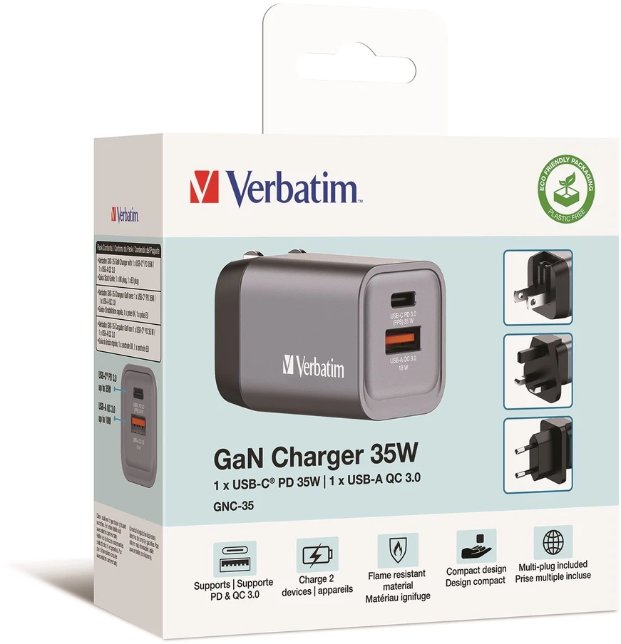 Verbatim GNC-35 GaN įkroviklis, 2 prievadų, 35 W, USB-A/USB-C