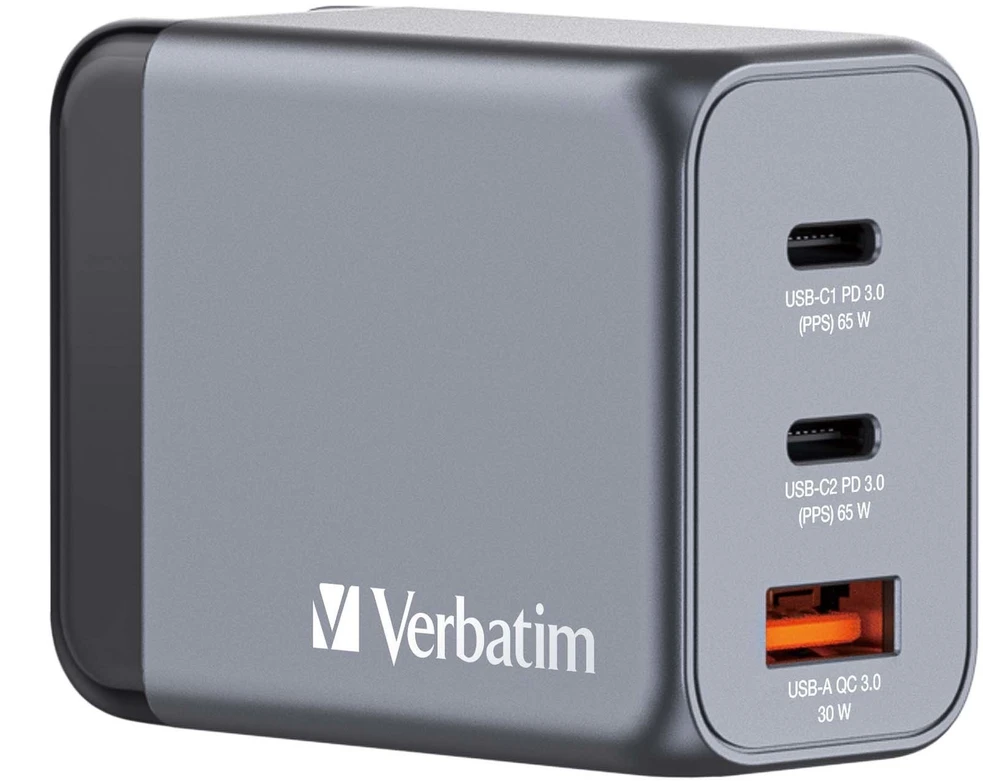 Verbatim GNC-65 GaN įkroviklis, 3 prievadų, 65 W, USB-A/USB-C