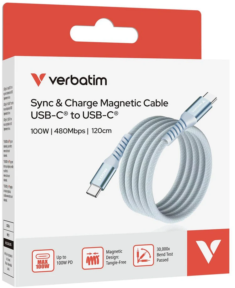„Verbatim“ – sinchronizavimo ir įkrovimo magnetinis laidas – 100 W USB-C į USB-C, 120 cm