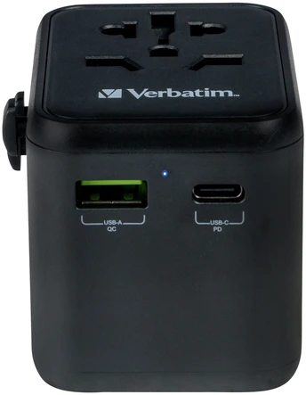 „Verbatim“ universalus kelioninis adapteris UTA-02 su USB-C PD ir USB-A QC jungtimi, Juodas