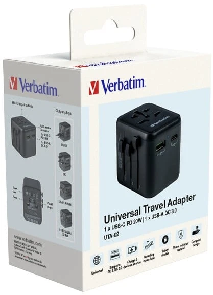 „Verbatim“ universalus kelioninis adapteris UTA-02 su USB-C PD ir USB-A QC jungtimi, Juodas