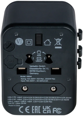 „Verbatim“ universalus kelioninis adapteris UTA-02 su USB-C PD ir USB-A QC jungtimi, Juodas