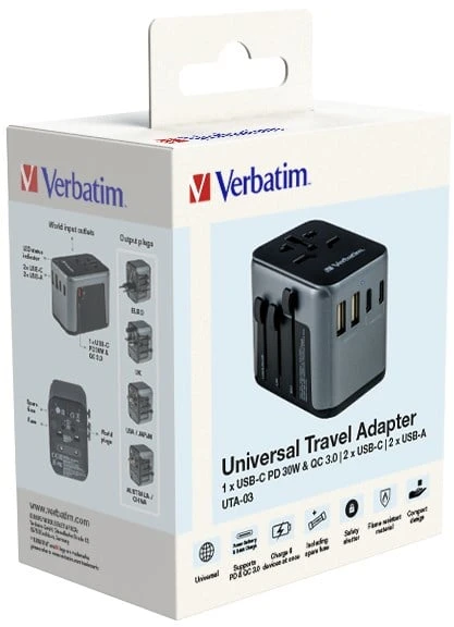 Verbatim Adapteris kelioninis EU/UK/US 2xUSB-A/2xUSB-C PD 30W UTA-03 juodos spalvos 49545