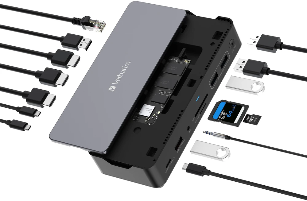 „Verbatim“ USB-C Pro 15 prievadų įkrovimo stotelė su pridėtu SSD disku, CDS-15SSD