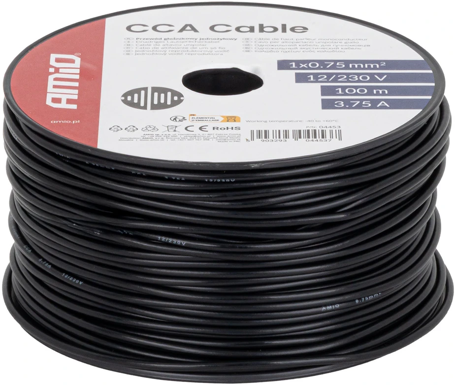 Viengyslis CCA kabelis, juodas, 1x0,75 mm² 100 m 12/230V AMIO-04453
