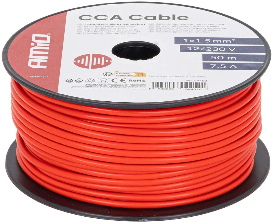 Viengyslis CCA kabelis, raudonas, 1x1.5mm² 50m 7.5A 12/230V AMIO-04452