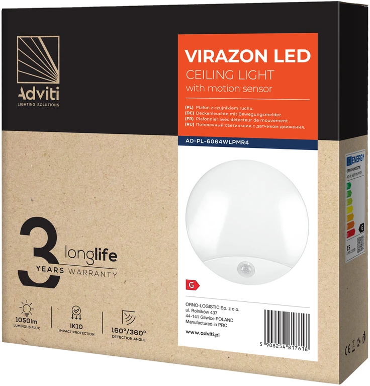 VIRAZON LED 15W, lubinis šviestuvas su judesio jutikliu, 1050lm, IP44, 4000K, pieniškas polikarbonatas, baltas