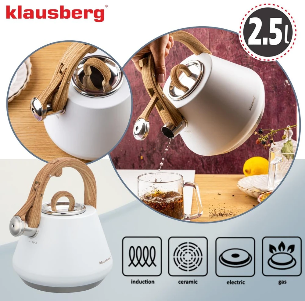 Virdulys plieno su gwizdkiem 2,5 l balta, indukcija, klausberg kb-9061
