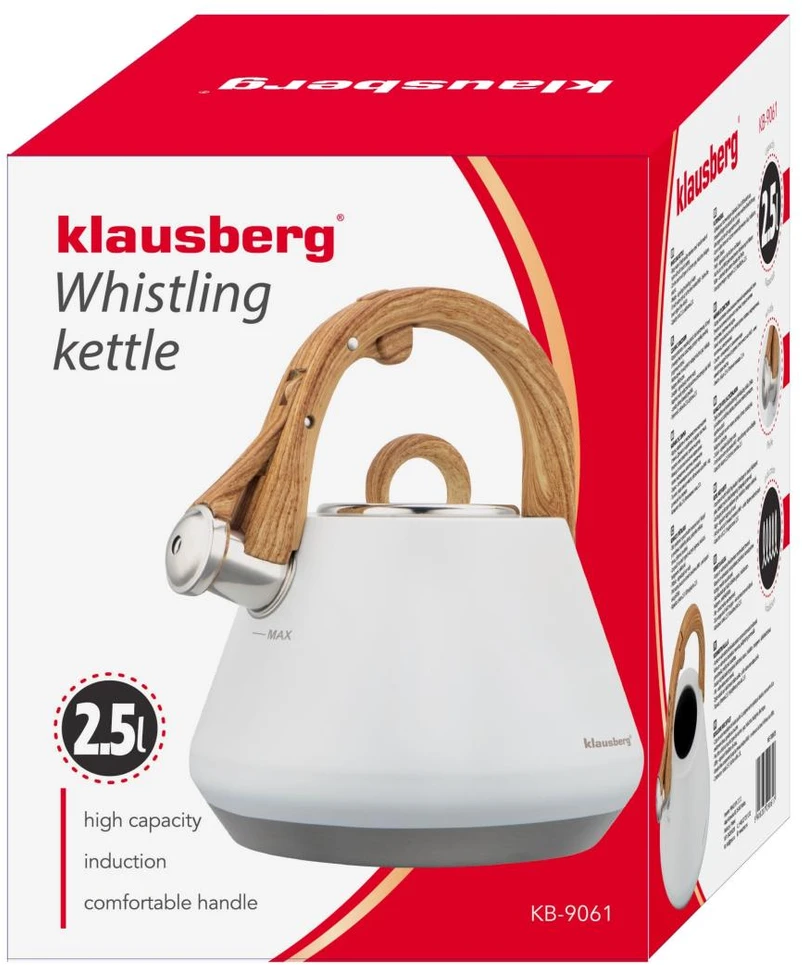 Virdulys plieno su gwizdkiem 2,5 l balta, indukcija, klausberg kb-9061