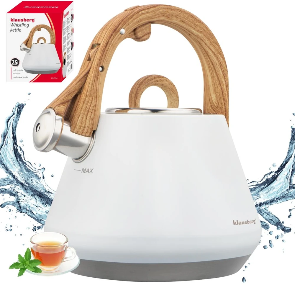 Virdulys plieno su gwizdkiem 2,5 l balta, indukcija, klausberg kb-9061