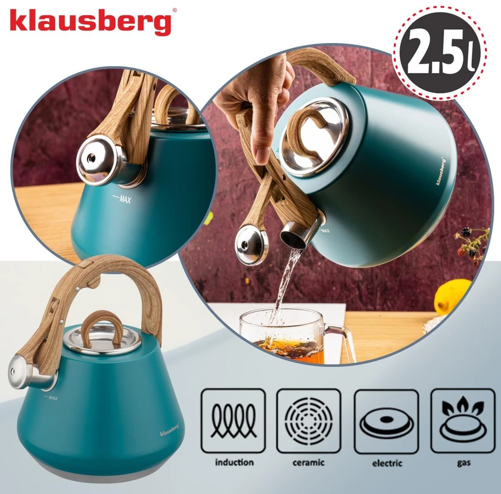 Virdulys plieno su gwizdkiem 2,5 l pistacja, indukcija, klausberg kb-9063