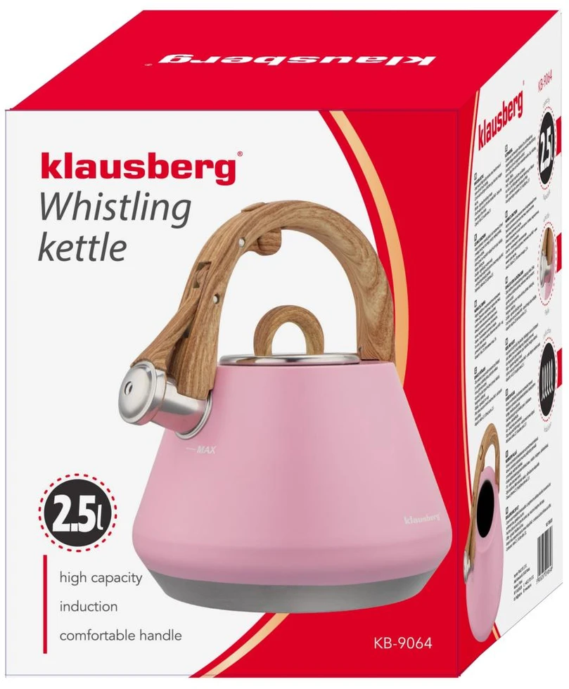 Virdulys plieno su gwizdkiem 2,5 l rožinė, indukcija, klausberg kb-9064
